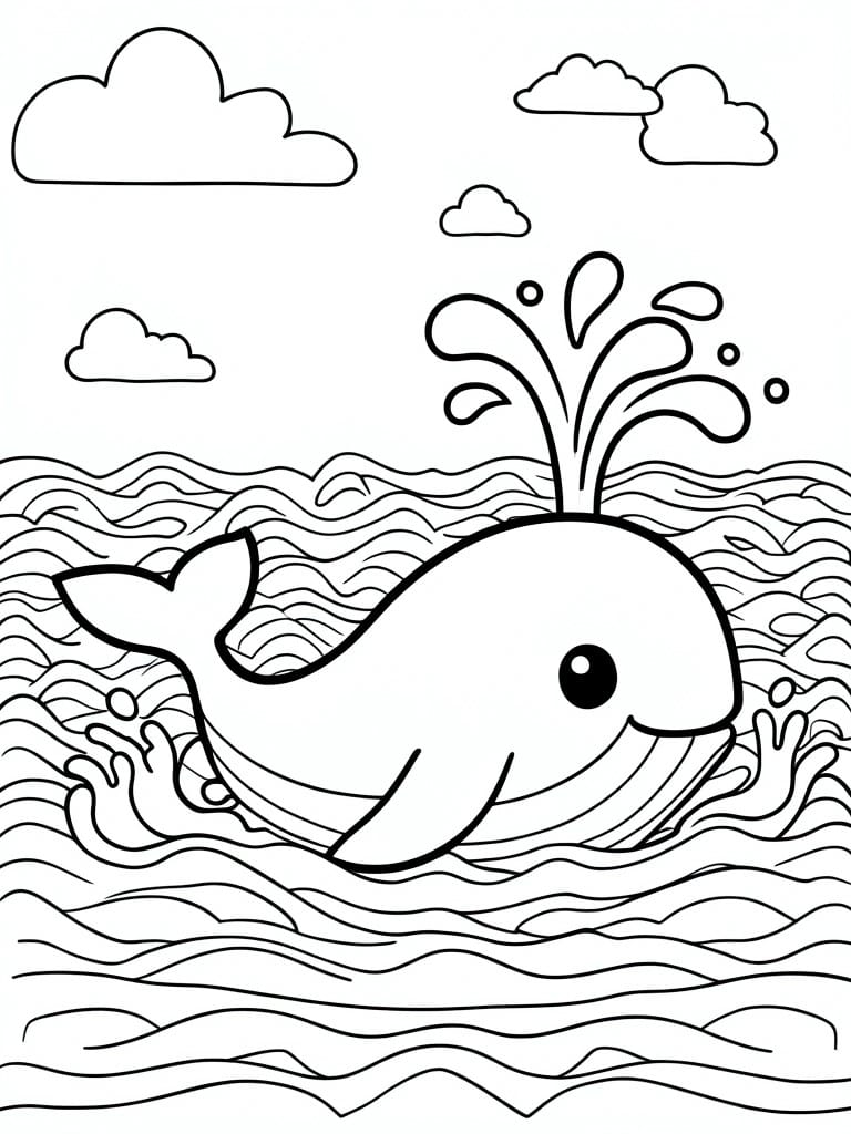 A line drawing of a cartoon whale in the ocean with waves, splashes, and clouds in the sky.