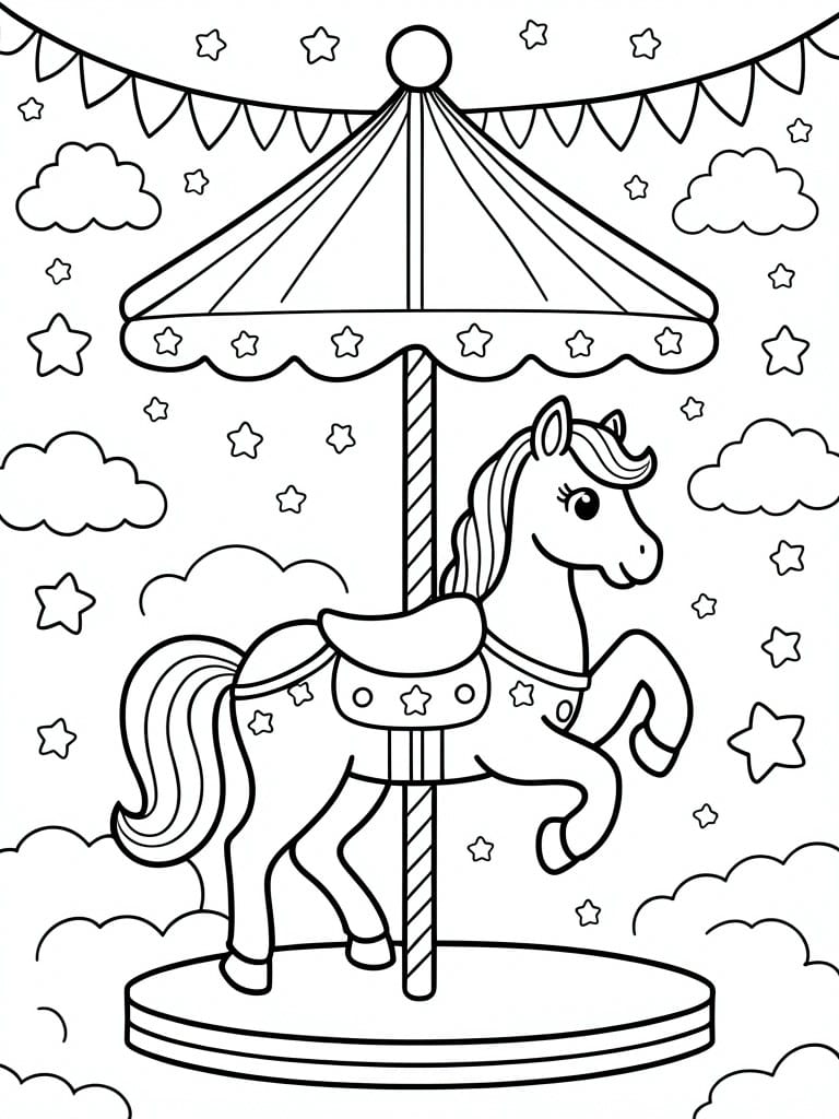 A black and white line drawing of a carousel horse on a platform with a striped canopy above and stars and clouds in the background.