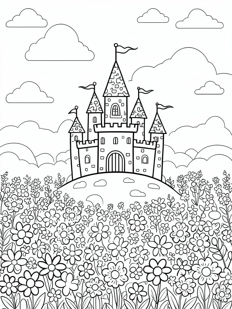 Coloring page of castle on hill with flowers and clouds in sky