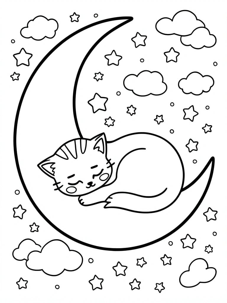 A simple line drawing shows a sleeping cat resting on a large crescent moon with stars and clouds around it.