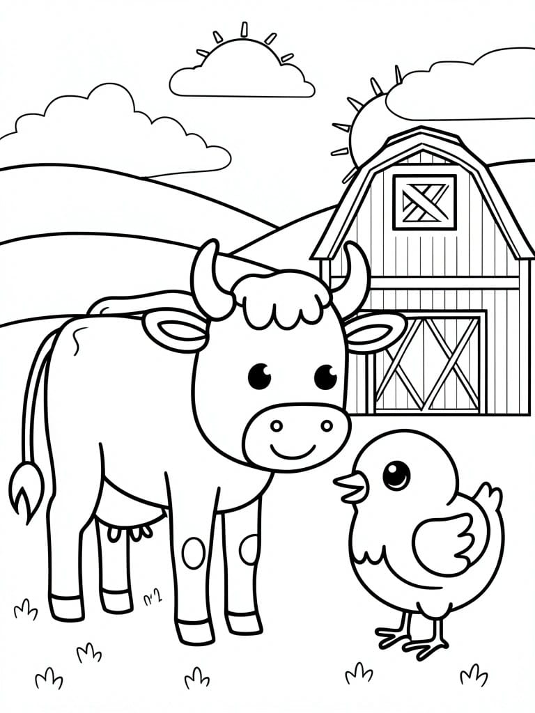 Coloring page of smiling cow and duck by barn with sun and clouds