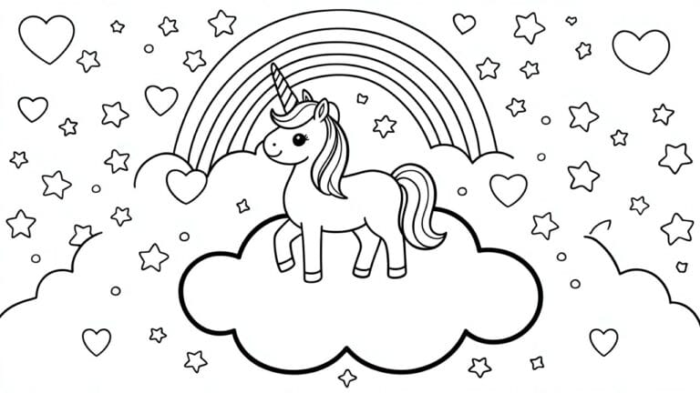 18 Easy Coloring Pages for Kids Designed for Stress-Free Quiet Time Smiling unicorn on cloud under rainbow with scattered stars and hearts line art