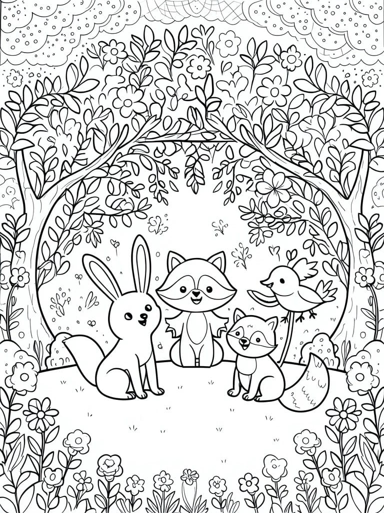 A black and white line drawing of a rabbit, raccoon, fox, and bird sitting together in a forest clearing framed by trees and flowers.