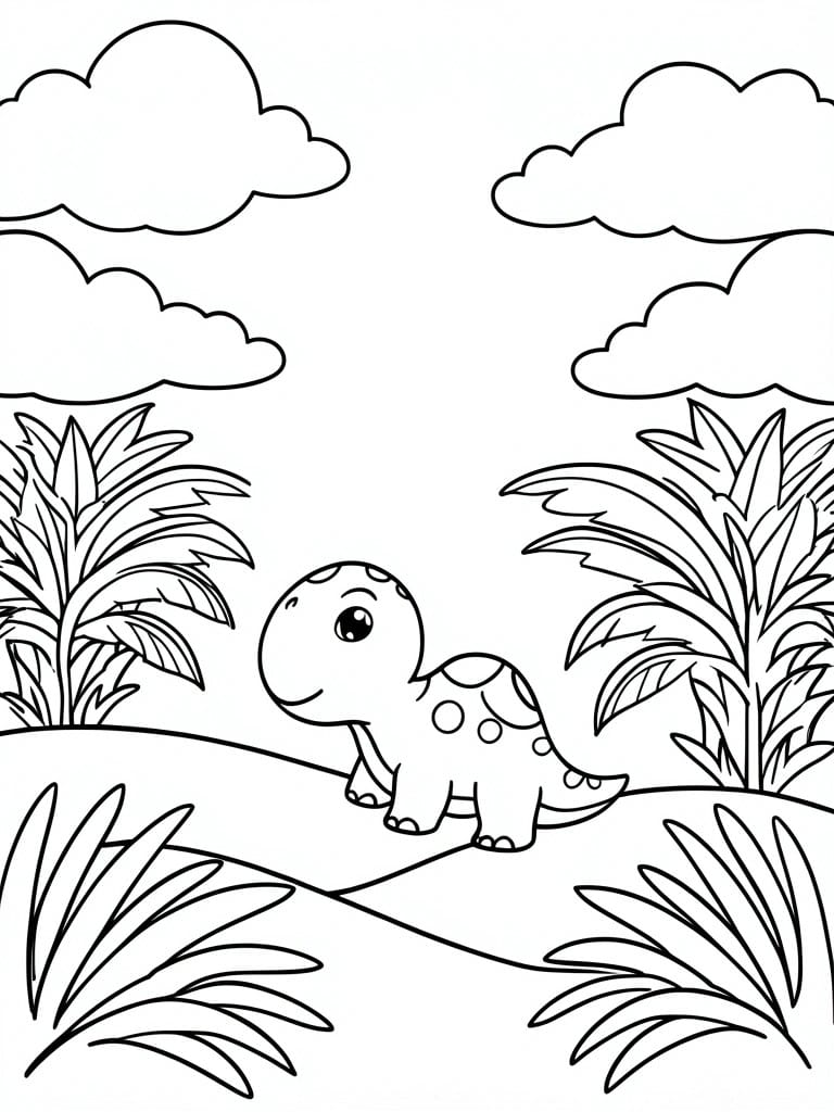 Cute cartoon dinosaur among tropical plants and clouds in black-and-white line drawing.