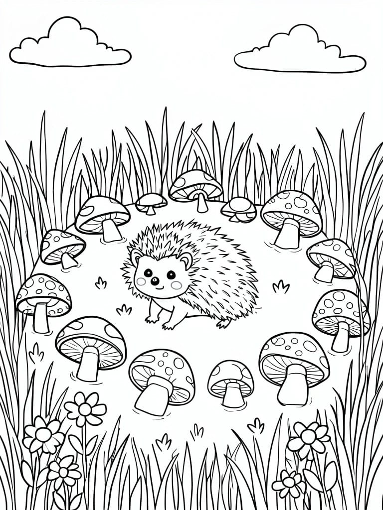 Cute hedgehog encircled by mushrooms in grassy meadow with flowers and clouds