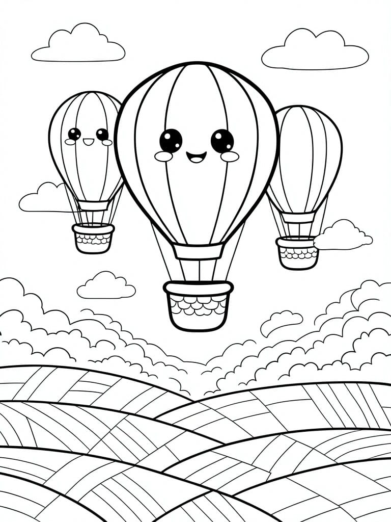 Three smiling cartoon hot air balloons float above patterned hills and clouds