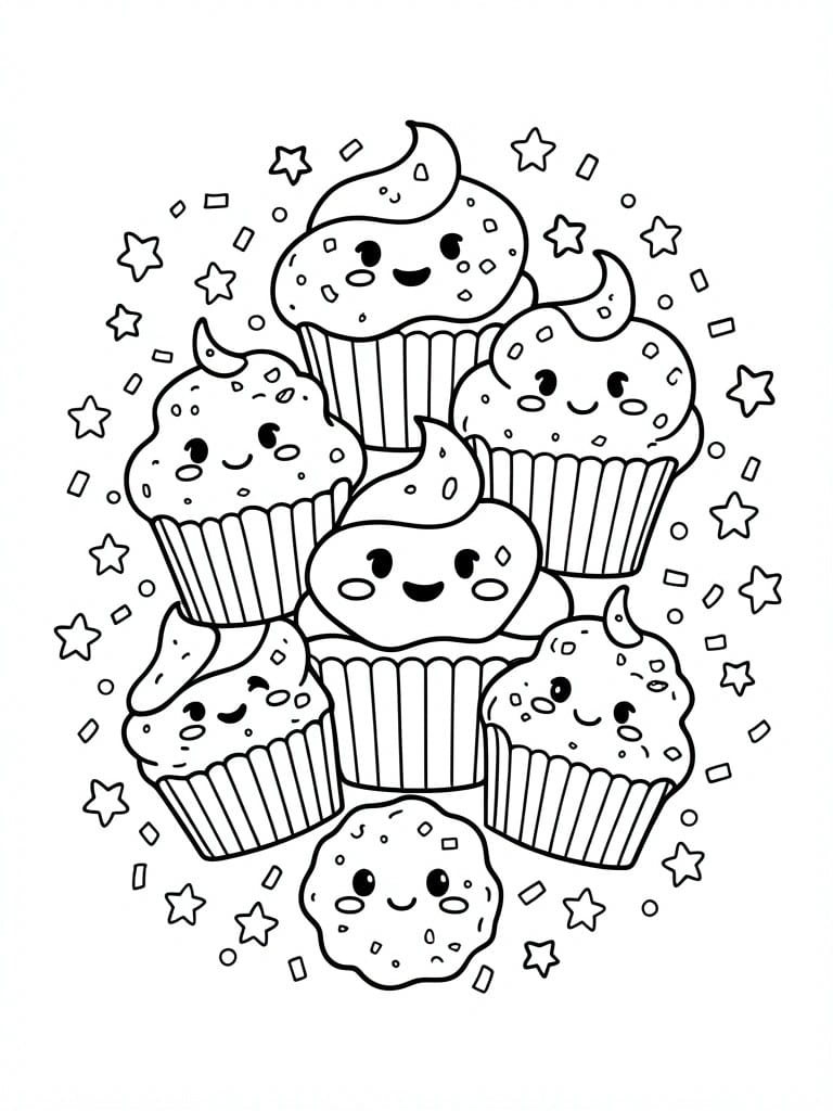 A coloring page with seven cupcakes that have cartoon faces and one cookie at the bottom, surrounded by stars and dots.