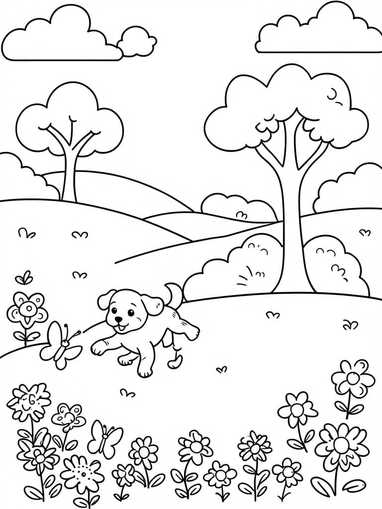 Black-and-white cartoon puppy running among flowers and butterflies near trees and hills.