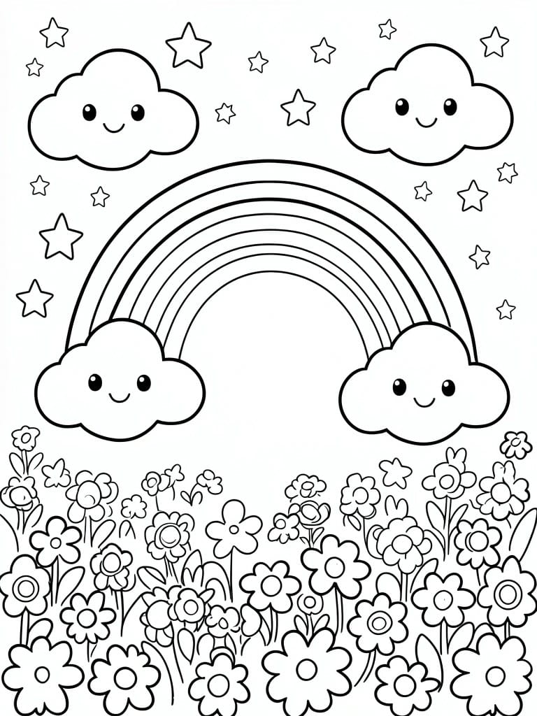 A black and white coloring page shows a rainbow arching over a field of flowers, with smiling clouds on both sides and stars scattered in the sky.