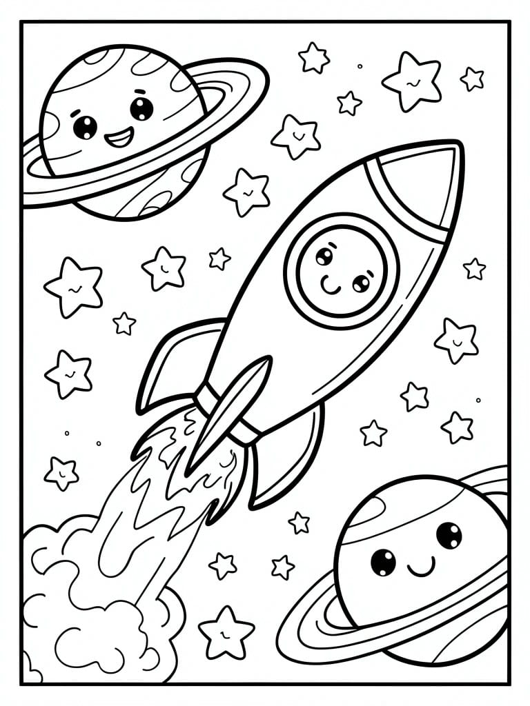 Coloring page of smiling rocket ship flying past cute planets and stars