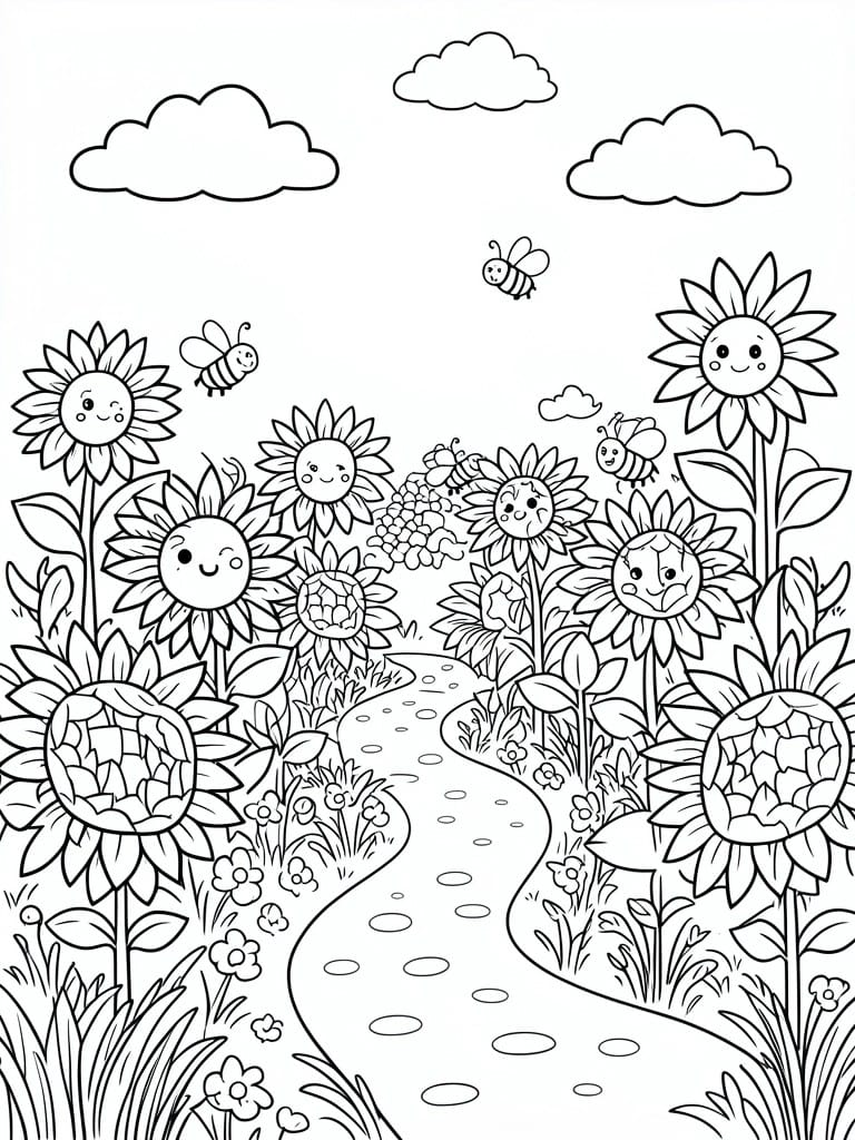 Coloring page of smiling sunflowers, bees, and a winding garden path