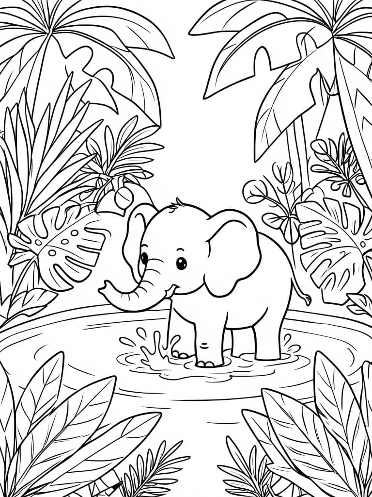 Cartoon baby elephant splashing in jungle stream surrounded by palm trees and leaves