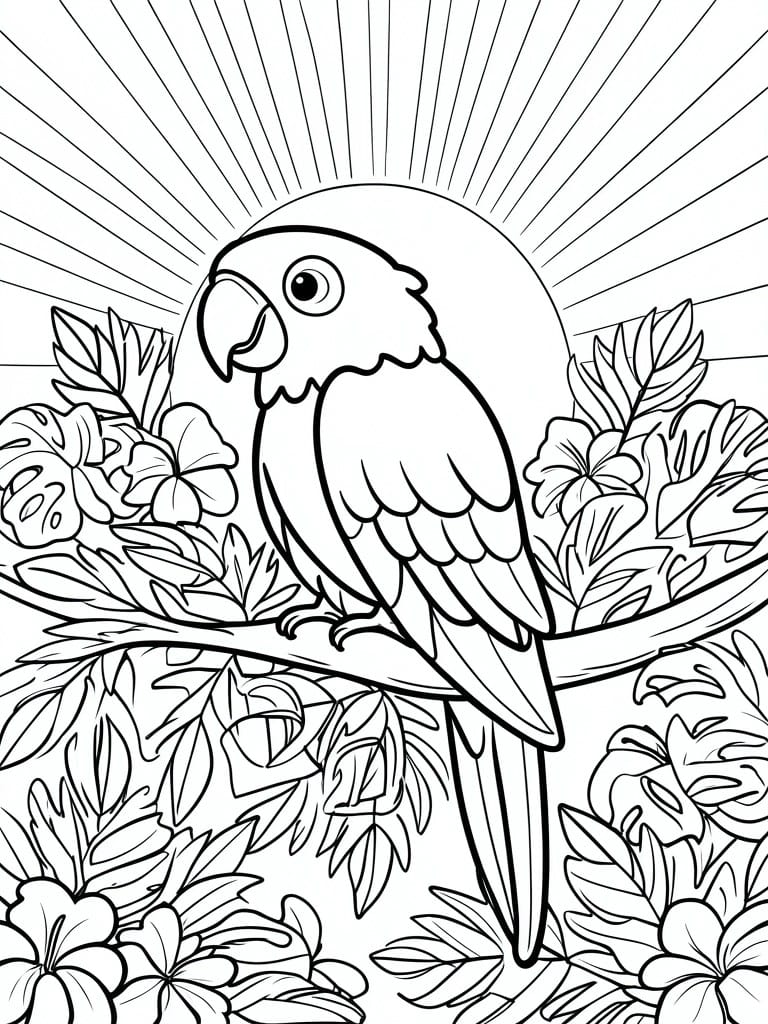 Coloring page of a parrot perched on a tropical branch with sun and flowers.