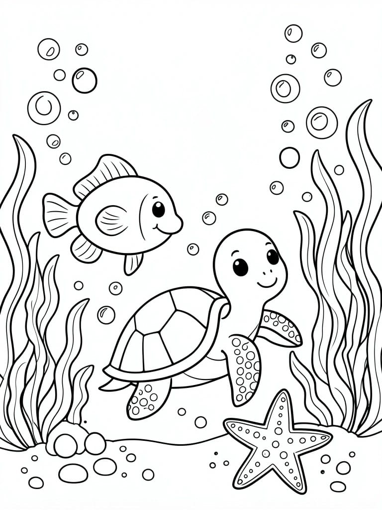 A black and white line drawing of a sea turtle and fish underwater with seaweed, bubbles, a starfish, and sand.