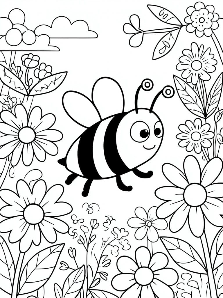 A black and white line drawing of a cartoon bee flying among large and small flowers with clouds above.