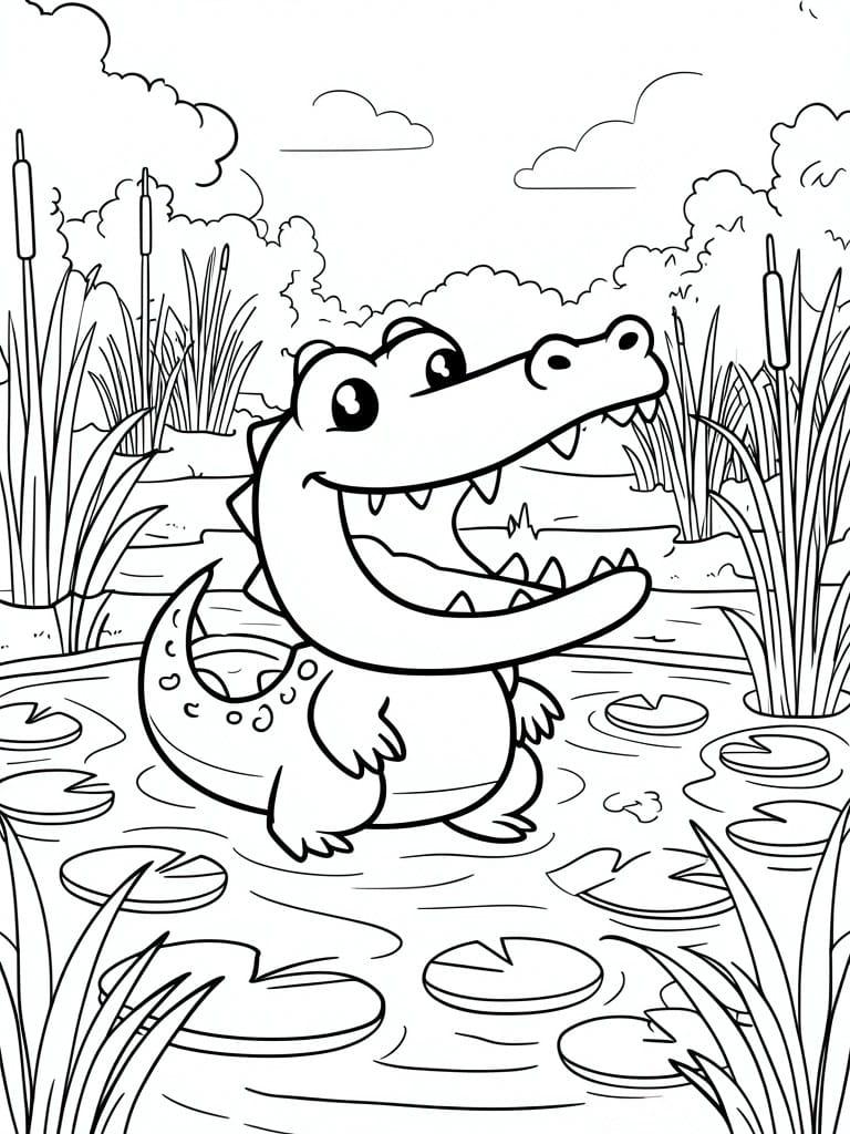 A black and white line drawing of a cartoon crocodile standing in a pond with lily pads and reeds.