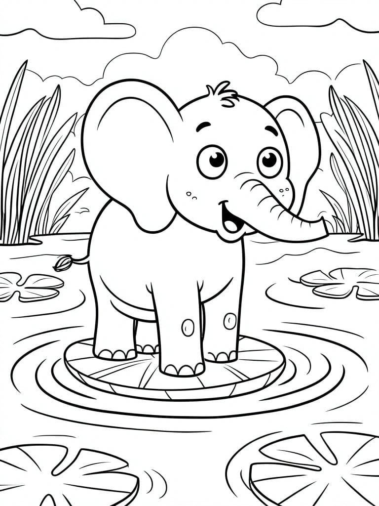 Coloring page of a cute elephant standing on a lily pad in a pond with reeds