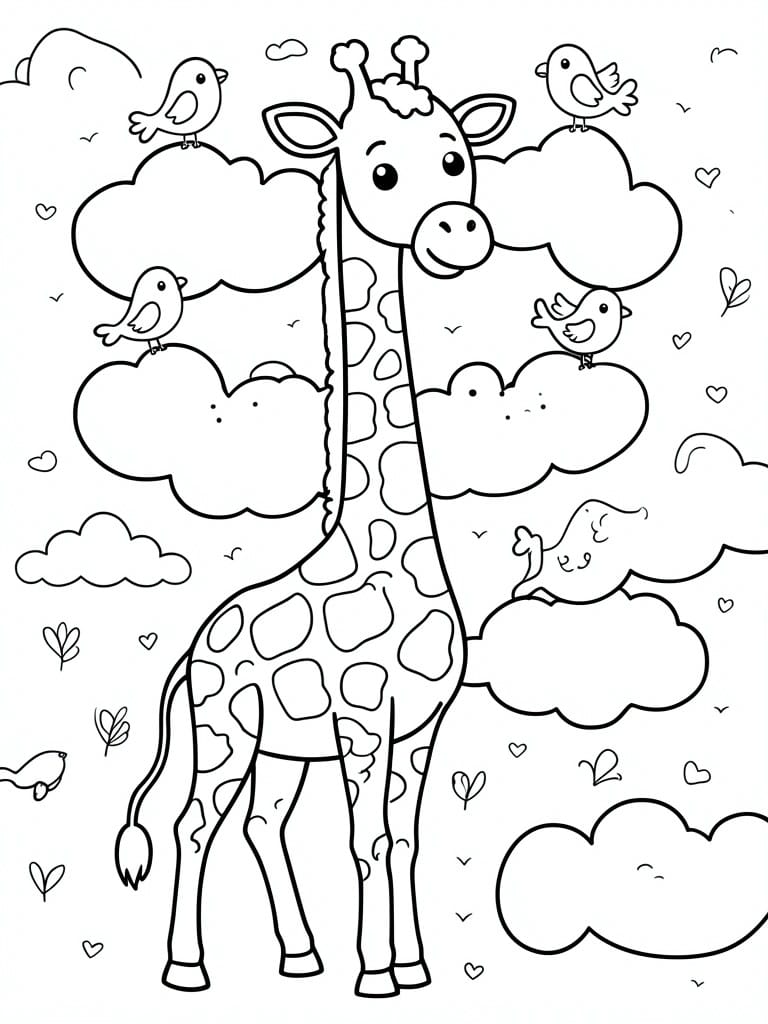 Smiling giraffe amid clouds with perched birds, hearts, and leaves coloring page.