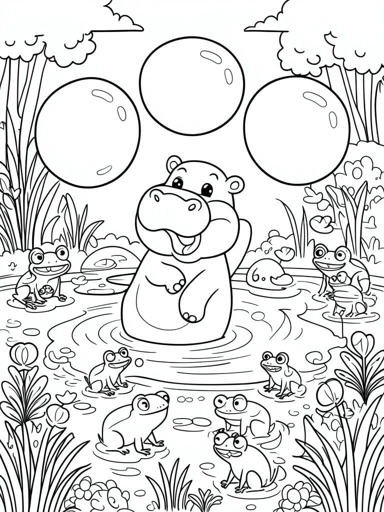 Cartoon hippo splashing in pond with frogs on lily pads and floating bubbles.