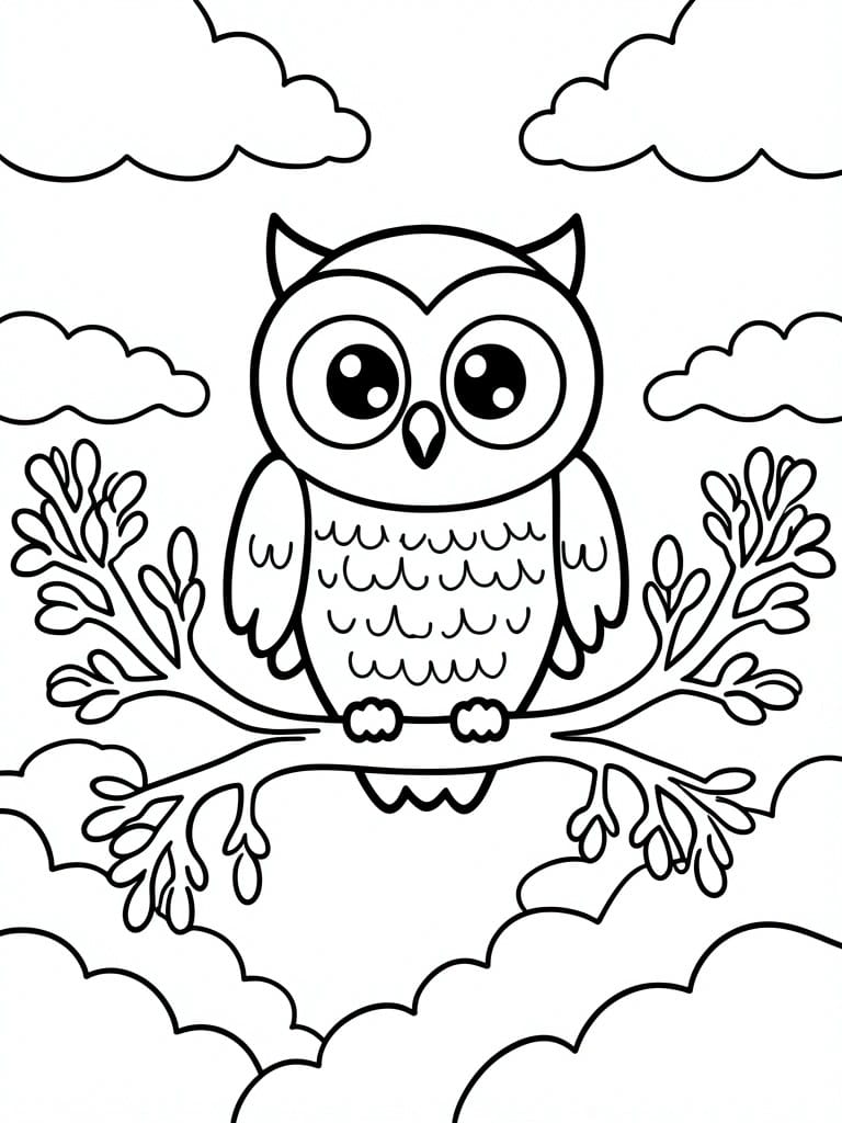 Cartoon owl with big eyes perched on branch amid clouds and leaves