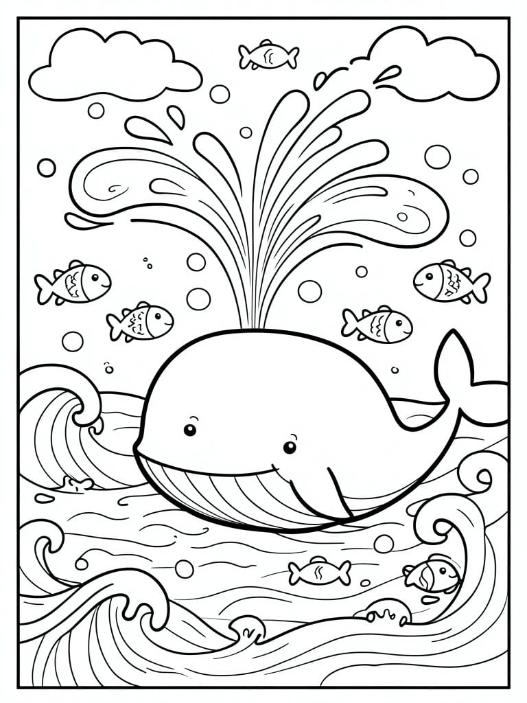 Coloring page of smiling whale spouting water amid fish, waves, and clouds.