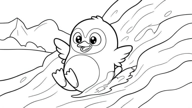 20 Funny Cartoon Animal Coloring Pages Made for Silly Story Time Cute cartoon penguin with spread wings flying above wavy ocean lines
