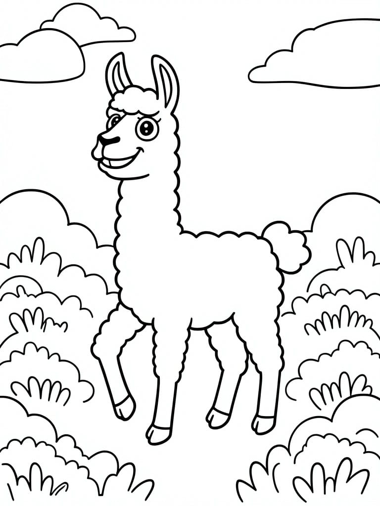 Cartoon llama smiling in a field with bushes and clouds, line drawing.