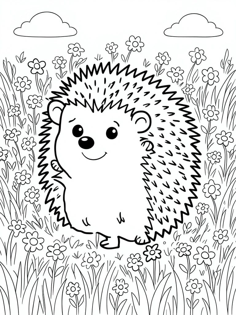 Cartoon hedgehog in flower-filled meadow with grass and clouds, line art coloring page