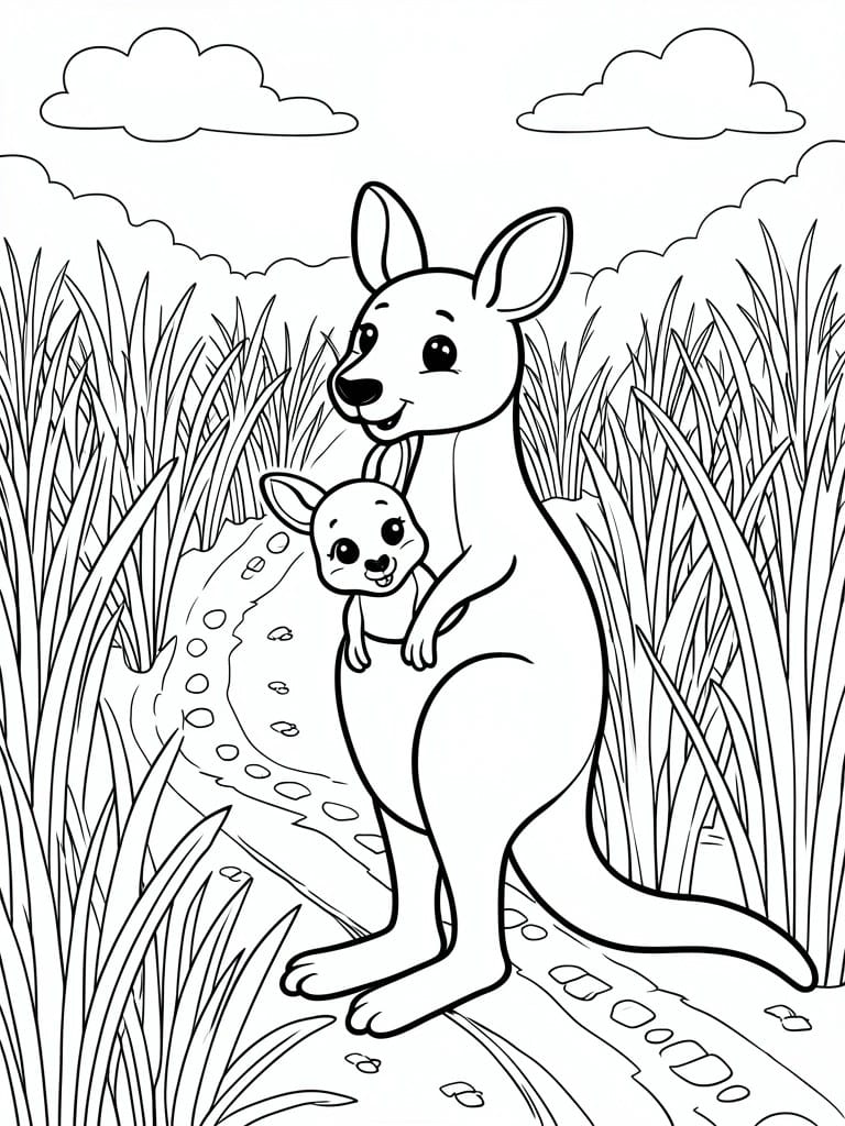Coloring page of mother kangaroo with joey in pouch on grassy path