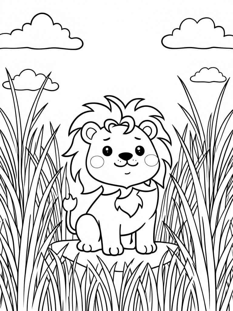 A black and white line drawing of a cute cartoon lion sitting in tall grass with clouds overhead.