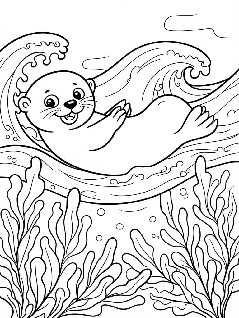 Line drawing of a cartoon otter on ocean waves above seaweed shapes.