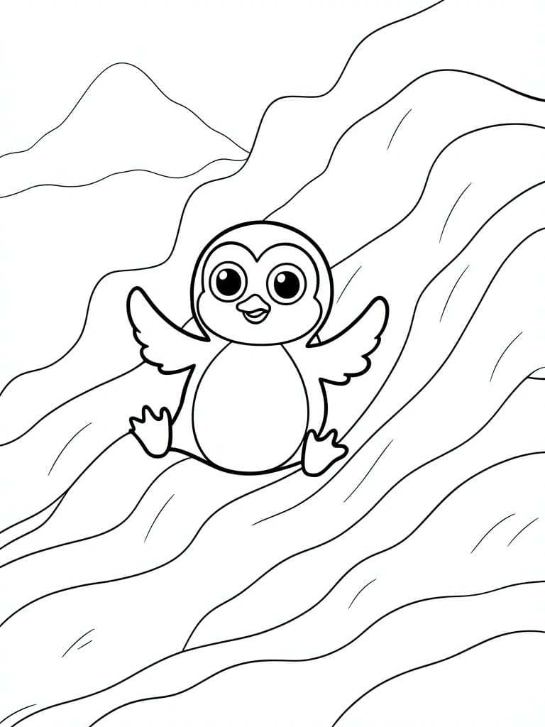 Cute cartoon penguin with spread wings flying above wavy ocean lines