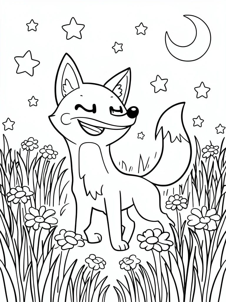 Happy cartoon fox smiling in flower meadow under starry night sky with moon