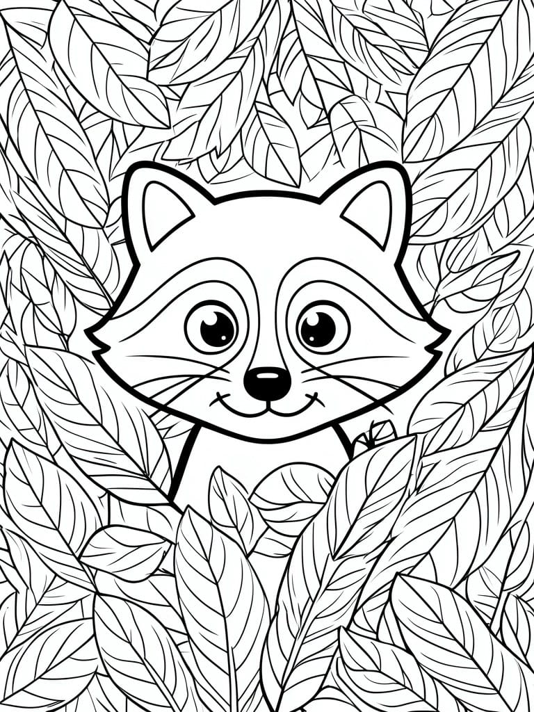 A black and white coloring page shows a cartoon raccoon face surrounded by many overlapping leaves.