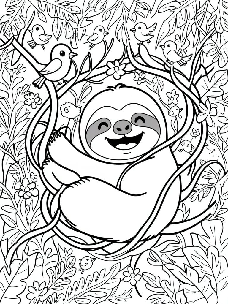 Coloring page of smiling sloth hanging amid jungle vines, birds, and flowers