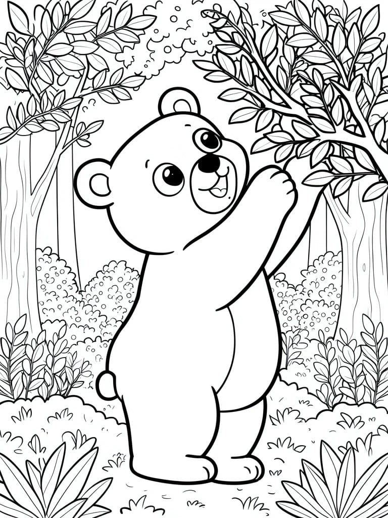 Smiling cartoon bear stands in forest with one paw raised among trees
