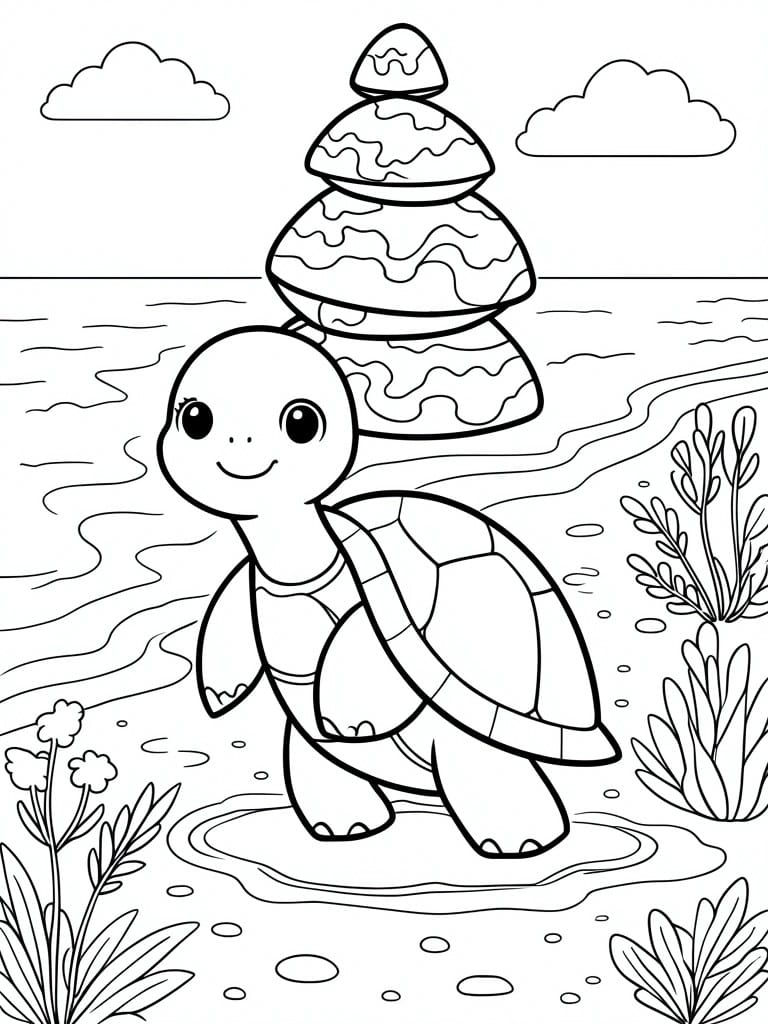 A line drawing of a cartoon turtle on the beach with a stack of rocks on its back, ocean waves, clouds, and plants.