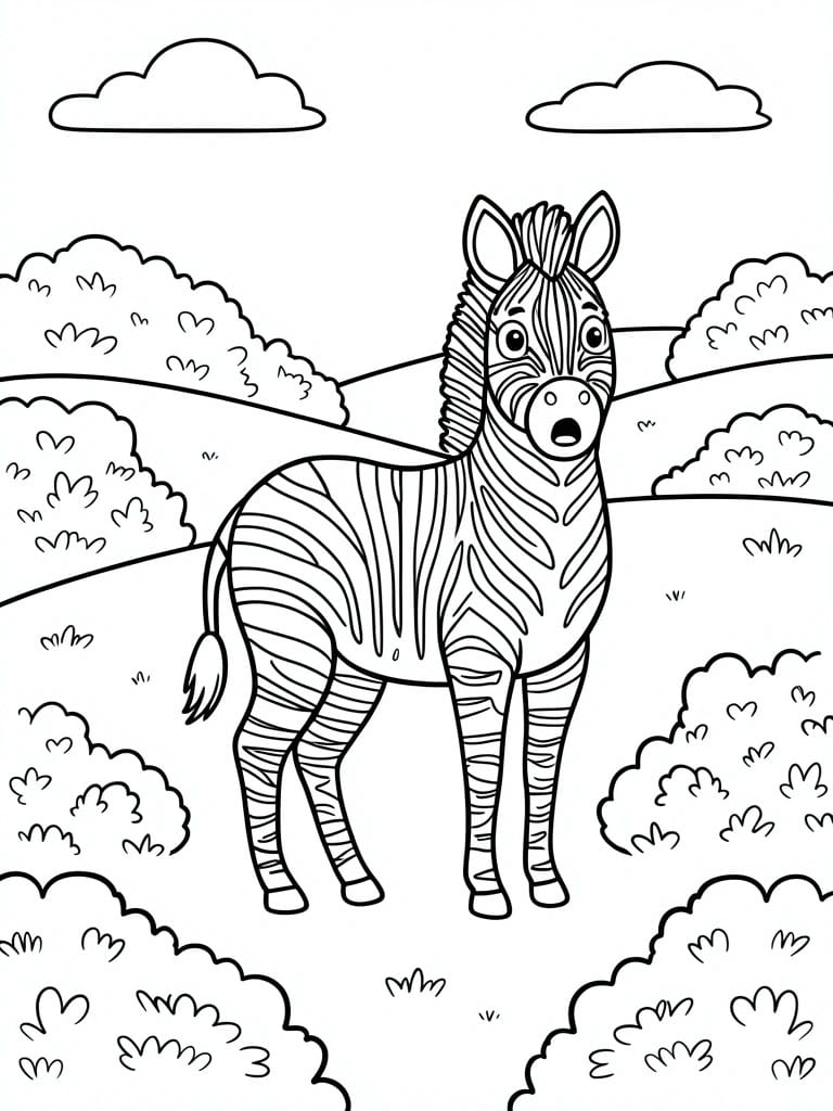 A black and white line drawing of a cartoon zebra with an open mouth standing in a field surrounded by bushes, hills, and clouds.