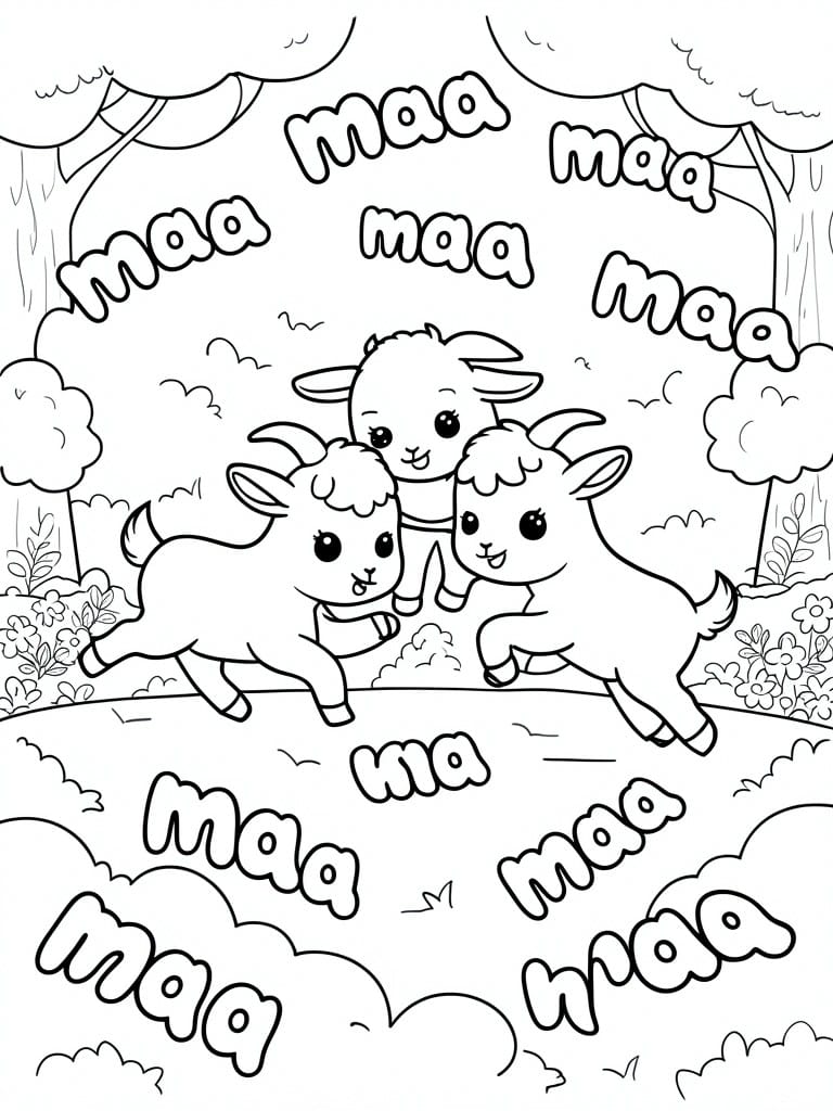 Coloring page of three cute cartoon goats running in a meadow with maa text.