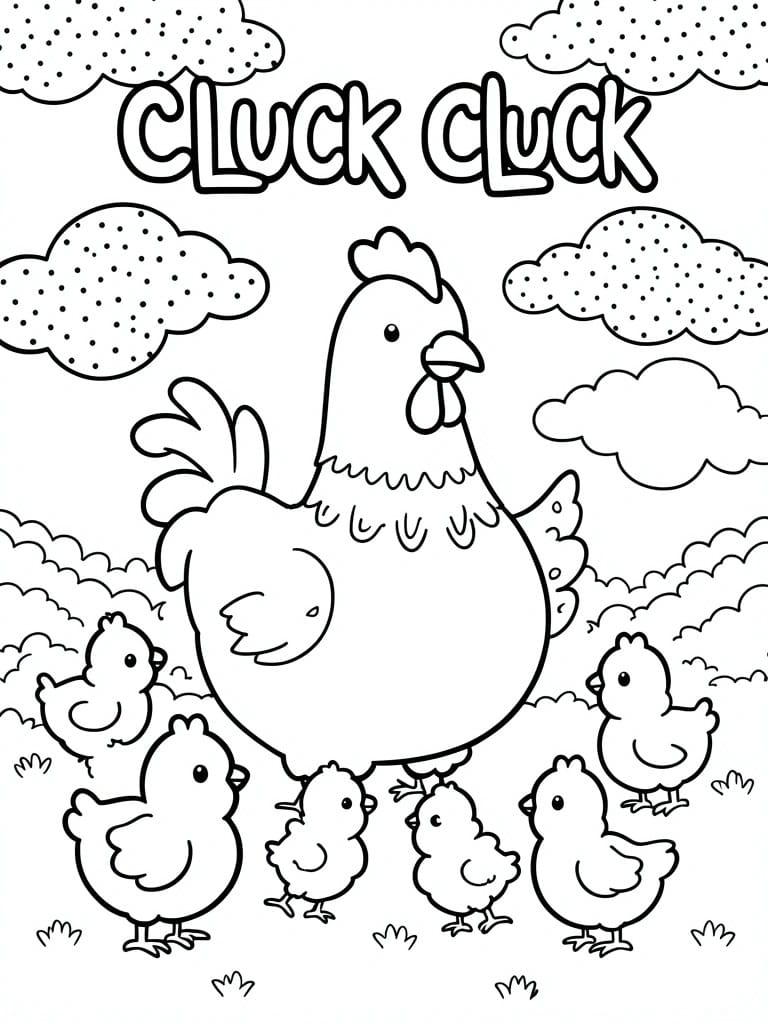 A black and white coloring page shows a large hen with five small chicks, dotted clouds, and the words CLUCK CLUCK above.