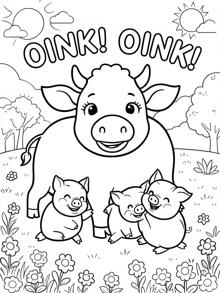 Coloring page of smiling cow with three playful pigs in sunny meadow with flowers.