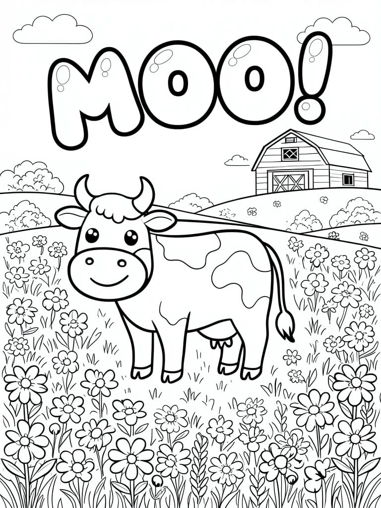 Coloring page of smiling cow in flower field with barn and MOO text