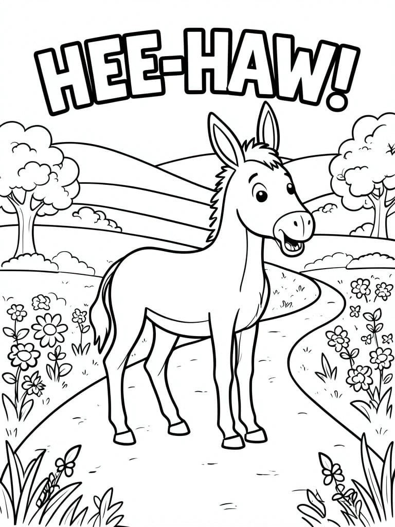 Coloring page donkey braying HEE-HAW amid flowers, trees, and rolling hills