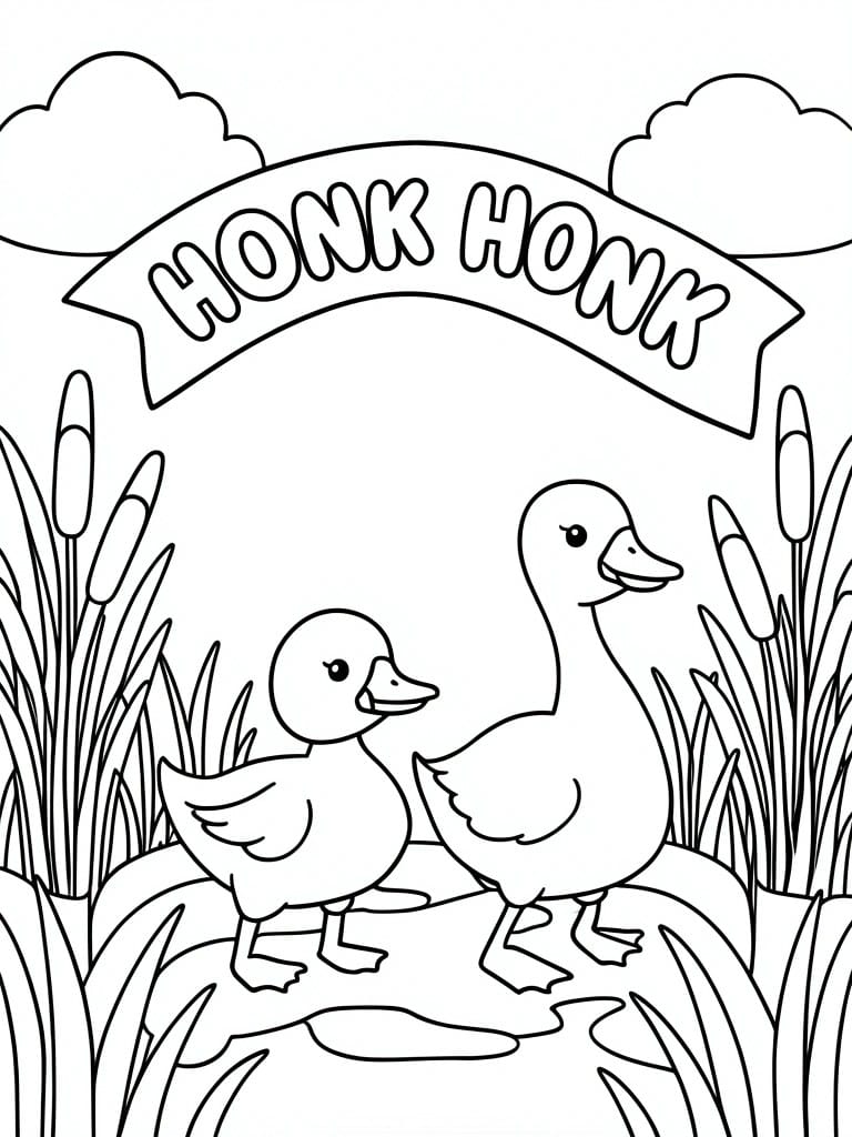 A black and white coloring page shows two ducks standing in water among reeds with a banner above them that reads HONK HONK.