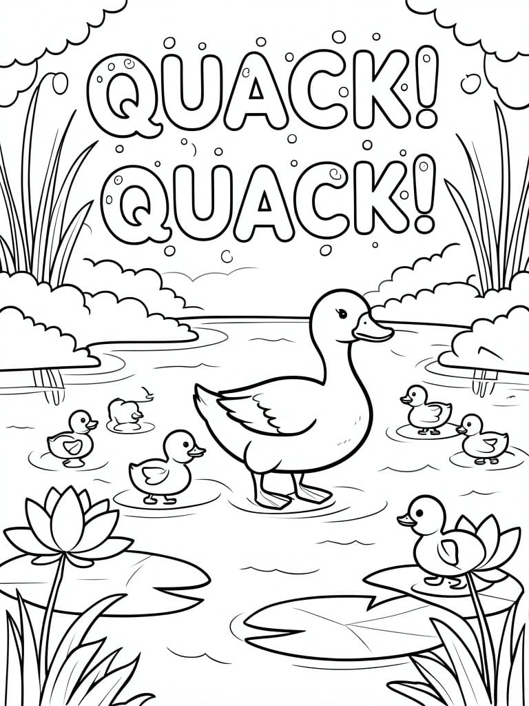 Coloring page of mother duck with ducklings in pond under quack quack text