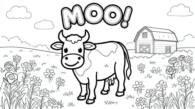 21 Playful Farm Animal Coloring Pages That Pair Coloring With Animal Sounds Coloring page of smiling cow in flower field with barn and MOO text