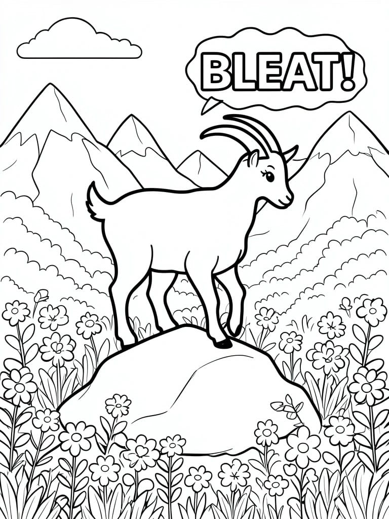 Coloring page of a goat on a rock amid mountains, flowers, and a