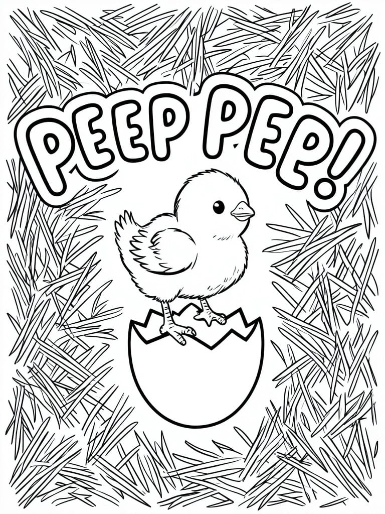 A coloring page shows a chick standing on a cracked egg with the words PEEP PEEP above it and grass lines around the scene.