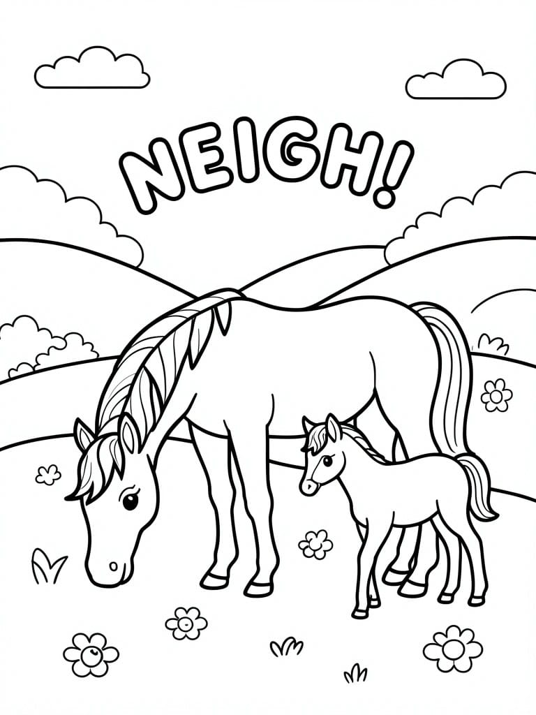 A black and white coloring page of an adult horse and foal in a field with flowers, clouds, and the word NEIGH! above them.