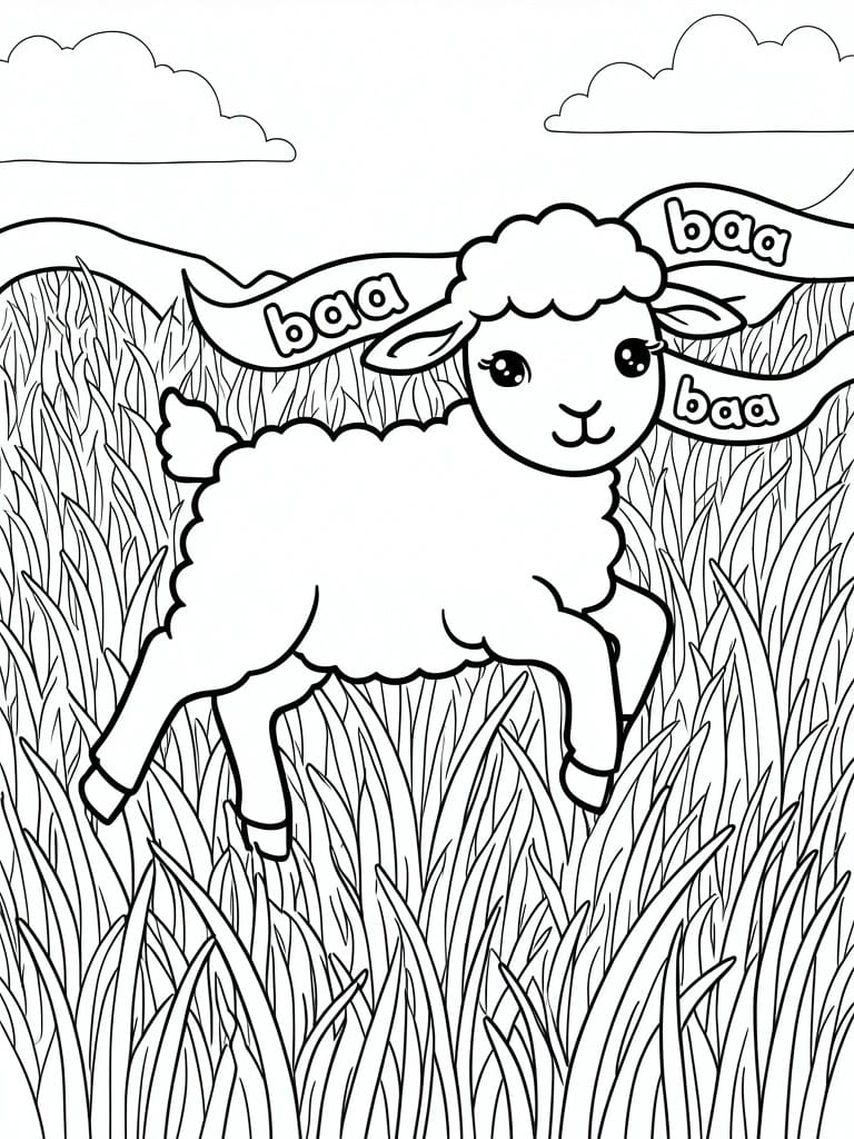 Cute cartoon sheep leaping in tall grass under clouds with baa banners